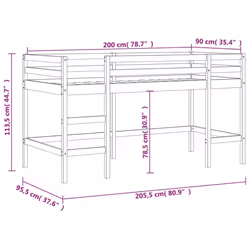 vidaXL Kids' Loft Bed with Curtains Children's Bunk Bed Frame Solid Wood Pine - natural and black, 90 x 200cm