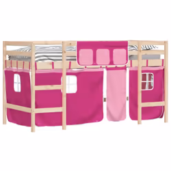 vidaXL Kids' Loft Bed with Curtains Children's Bunk Bed Frame Solid Wood Pine - natural and pink, 90 x 200cm