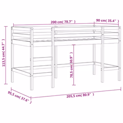 vidaXL Kids' Loft Bed with Curtains Children's Bunk Bed Frame Solid Wood Pine - natural and pink, 90 x 200cm