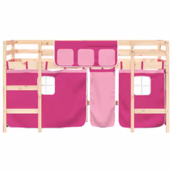 vidaXL Kids' Loft Bed with Curtains Children's Bunk Bed Frame Solid Wood Pine - natural and pink, 90 x 200cm - Additional view 4