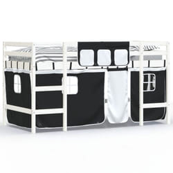vidaXL Kids' Loft Bed with Curtains Children's Bunk Bed Frame Solid Wood Pine - white and black, 90 x 200cm