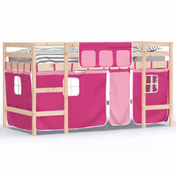 vidaXL Kids' Loft Bed with Curtains Children's Bunk Bed Frame Solid Wood Pine - natural and pink, 90 x 190cm