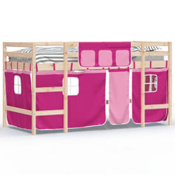 vidaXL Kids' Loft Bed with Curtains Children's Bunk Bed Frame Solid Wood Pine - natural and pink, 90 x 190cm
