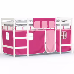 vidaXL Kids' Loft Bed with Curtains Children's Bunk Bed Frame Solid Wood Pine - white and pink, 90 x 190cm