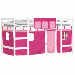 vidaXL Kids' Loft Bed with Curtains Children's Bunk Bed Frame Solid Wood Pine - white and pink, 90 x 190cm