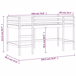 vidaXL Kids' Loft Bed with Curtains Children's Bunk Bed Frame Solid Wood Pine - white and pink, 90 x 190cm