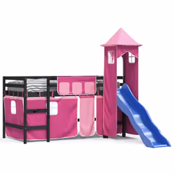 vidaXL Kids' Loft Bed with Tower Bed Frame Bedstead Bunk Bed Solid Wood Pine - black and pink, 80 x 200 cm