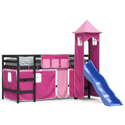 vidaXL Kids' Loft Bed with Tower Bed Frame Bedstead Bunk Bed Solid Wood Pine - black and pink, 80 x 200 cm