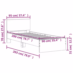 vidaXL Bed Frame with Headboard Bedroom Bed Base Mattress Foundation Bedstead - grey sonoma, 90 x 200 cm - Additional view 3