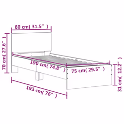 vidaXL Bed Frame with Headboard Bedroom Bed Base Mattress Foundation Bedstead - smoked oak, 75 x 190 cm - Additional view 9