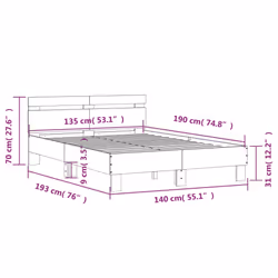 vidaXL Bed Frame with Headboard Bed Base Mattress Foundation Engineered Wood - grey sonoma, 135 x 190 cm - Additional view 3