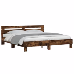 vidaXL Bed Frame with Headboard and LED Bed Base Bedstead Matress Foundation - smoked oak, 160 x 200 cm - Additional view 4
