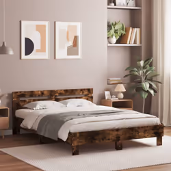 vidaXL Bed Frame with Headboard and LED Bed Base Bedstead Matress Foundation - smoked oak, 140 x 200 cm - Additional view 2
