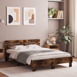 vidaXL Bed Frame with Headboard and LED Bed Base Bedstead Matress Foundation - smoked oak, 120 x 200 cm - Additional view 2