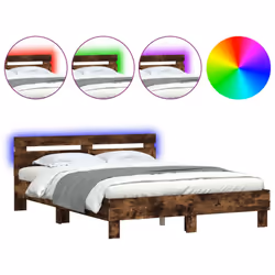 vidaXL Bed Frame with Headboard and LED Bed Base Bedstead Matress Foundation - smoked oak, 140 x 190 cm