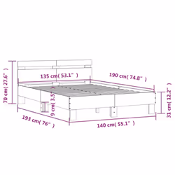 vidaXL Bed Frame with Headboard and LED Bed Base Bedstead Matress Foundation - sonoma oak, 135 x 190 cm - Additional view 3