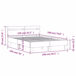 vidaXL Bed Frame with Headboard and LED Bed Base Bedstead Matress Foundation - concrete grey, 135 x 190 cm - Additional view 3