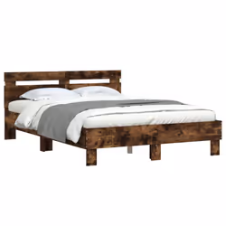 vidaXL Bed Frame with Headboard and LED Bed Base Bedstead Matress Foundation - smoked oak, 135 x 190 cm - Additional view 2