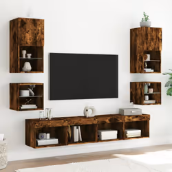 vidaXL Bedside Cabinets with LED Lights Wall-mounted Cabinet 2 pcs Smoked Oak - Additional view 4