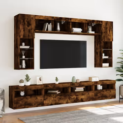 vidaXL TV Wall Cabinets with LED Lights Floating TV Unit 2 pcs Smoked Oak - Additional view 5