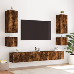 vidaXL TV Wall Cabinet with LED Lights Floating TV Unit TV Cabinet Smoked Oak - Additional view 6