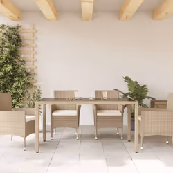 vidaXL Garden Table with Glass Top Outdoor Dining Table Beige Poly Rattan