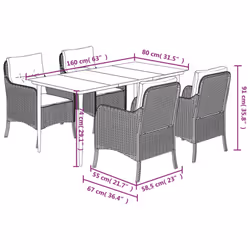 vidaXL Garden Dining Set 5 Piece with Cushions Dining Chair Brown Poly Rattan