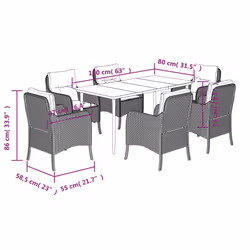 vidaXL Garden Dining Set 7 Piece with Cushions Dining Chair Brown Poly Rattan