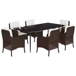 vidaXL Garden Dining Set 7 Piece with Cushions Dining Chair Brown Poly Rattan