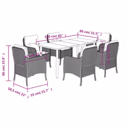 vidaXL Garden Dining Set 7 Piece with Cushions Dining Chair Brown Poly Rattan