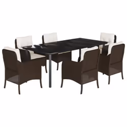 vidaXL Garden Dining Set 7 Piece with Cushions Dining Chair Brown Poly Rattan