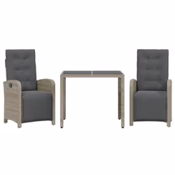 vidaXL Bistro Set 3 Piece with Cushions Bistro Table & Chair Black Poly Rattan - grey, 90 cm table length/ 3 piece