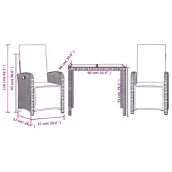 vidaXL Bistro Set 3 Piece with Cushions Bistro Table & Chair Black Poly Rattan - grey, 90 cm table length/ 3 piece