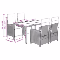 vidaXL Bistro Set 3 Piece with Cushions Bistro Table & Chair Black Poly Rattan - grey, 150 cm table length/ 5 piece