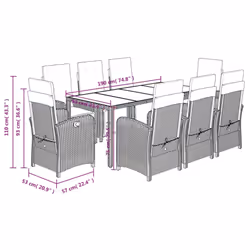 vidaXL Bistro Set 3 Piece with Cushions Bistro Table & Chair Black Poly Rattan - grey, 190 cm table length/ 9 piece - Additional view 3