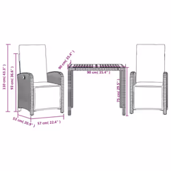 vidaXL Bistro Set 3 Piece with Cushions Bistro Table & Chair Black Poly Rattan - Additional view 8