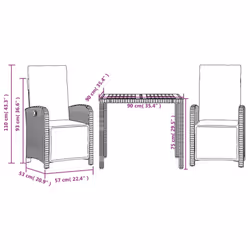 vidaXL Bistro Set 3 Piece with Cushions Bistro Table & Chair Black Poly Rattan - Additional view 8