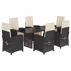 vidaXL Garden Dining Set Outdoor Dining Set Dinner Table and Chair Poly Rattan - black and cream, 7 piece/glass