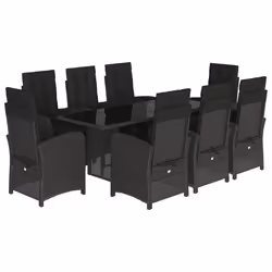 vidaXL Garden Dining Set Outdoor Dining Set Dinner Table and Chair Poly Rattan - black, 9 piece/glass