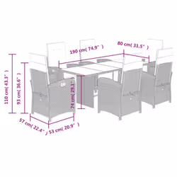 vidaXL Garden Dining Set Outdoor Dining Set Dinner Table and Chair Poly Rattan - brown and cream, 7 piece/glass - Additional view 3