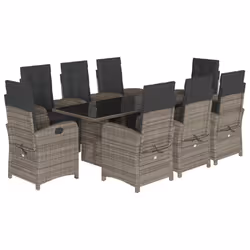 vidaXL Garden Dining Set Outdoor Dining Set Dinner Table and Chair Poly Rattan - grey, 9 piece/glass