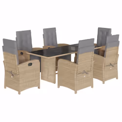vidaXL Garden Dining Set Outdoor Dining Set Dinner Table and Chair Poly Rattan - beige and grey, 7 piece/glass