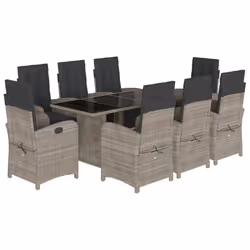 vidaXL Garden Dining Set Outdoor Dining Set Dinner Table and Chair Poly Rattan - light grey, 9 piece/glass