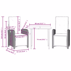 vidaXL Bistro Set 3 Piece with Cushions Bistro Table & Chair Grey Poly Rattan