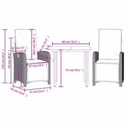 vidaXL Bistro Set 3 Piece with Cushions Bistro Table & Chair Grey Poly Rattan