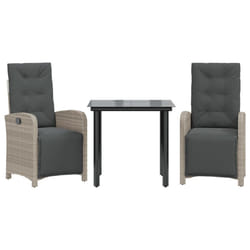 vidaXL Bistro Set 3 Piece with Cushions Table & Chair Light Grey Poly Rattan