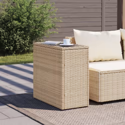 vidaXL Garden Side Table with Glass Top Outdoor Dining Table Beige Poly Rattan