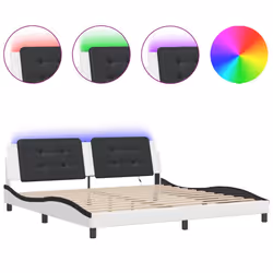 vidaXL Bed Frame with LED Lights Home Bed Base Black 200x200 cm Faux Leather - white and black, 200 x 200 cm