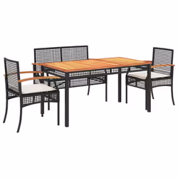 vidaXL Garden Dining Set 4 Piece with Cushions Outdoor Chair Black Poly Rattan