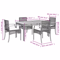 vidaXL Garden Dining Set 5 Piece with Cushions Outdoor Chair Grey Poly Rattan